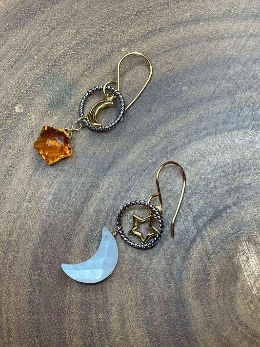 Quartz Earrings - Celestial Earrings - Star and Moon