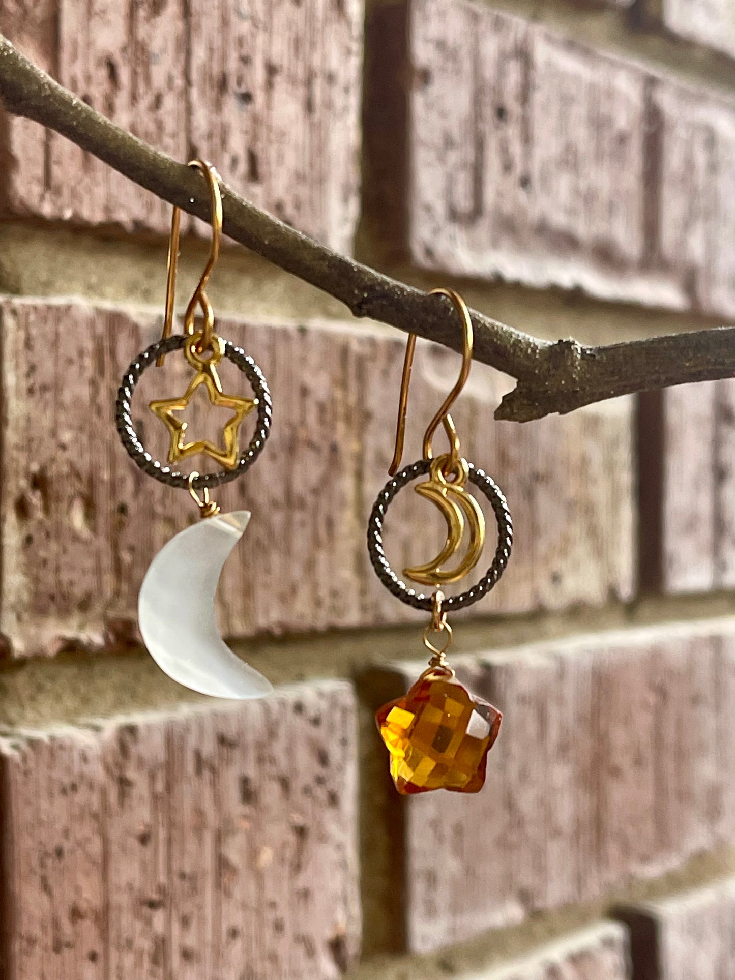 Quartz Earrings - Celestial Earrings - Star and Moon