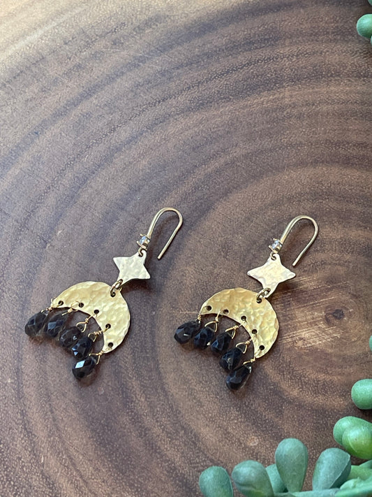 Smoky Quartz Earrings- Moon earrings - Star Earrings- Celestial