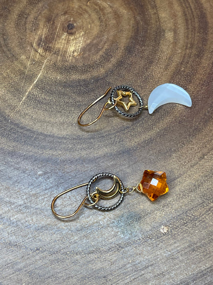 Quartz Earrings - Celestial Earrings - Star and Moon