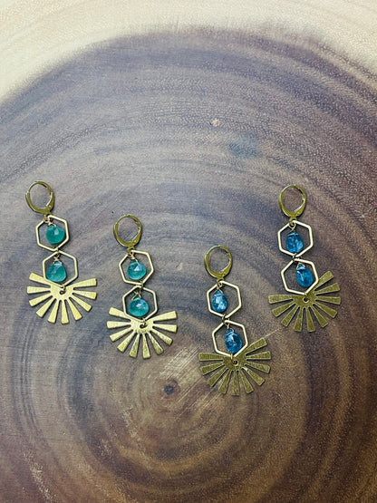 Green Quartz Earrings - Brass Earrings - Green Earrings