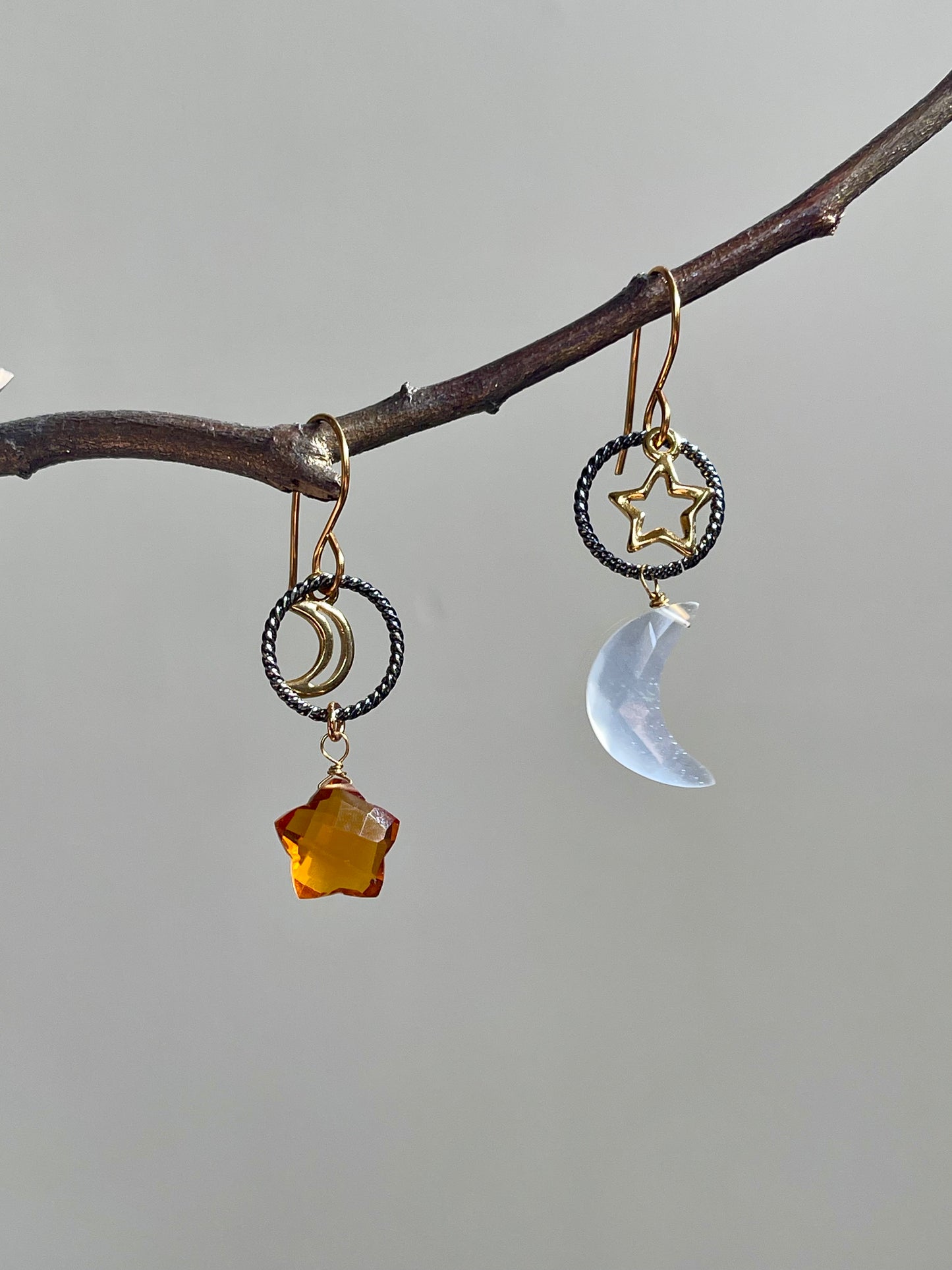 Quartz Earrings - Celestial Earrings - Star and Moon