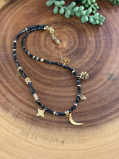 Charm Necklace - Black Agate Necklace - Celestial Necklace