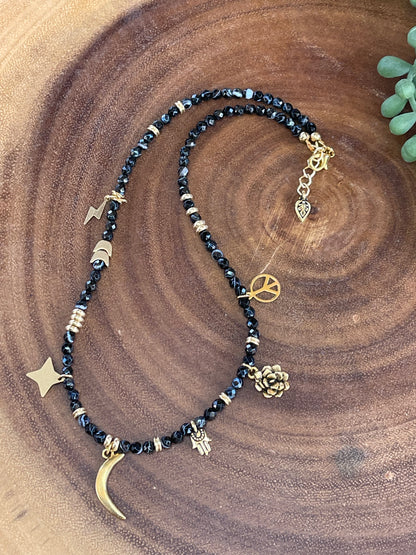 Charm Necklace - Black Agate Necklace - Celestial Necklace