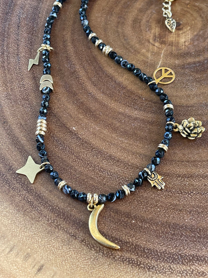 Charm Necklace - Black Agate Necklace - Celestial Necklace