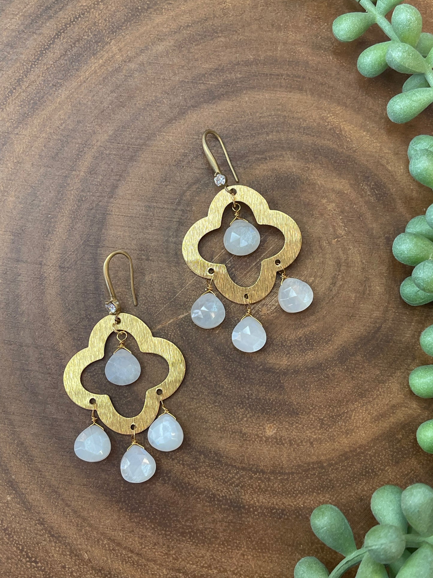 White Moonstone Earrings - Clover Earrings