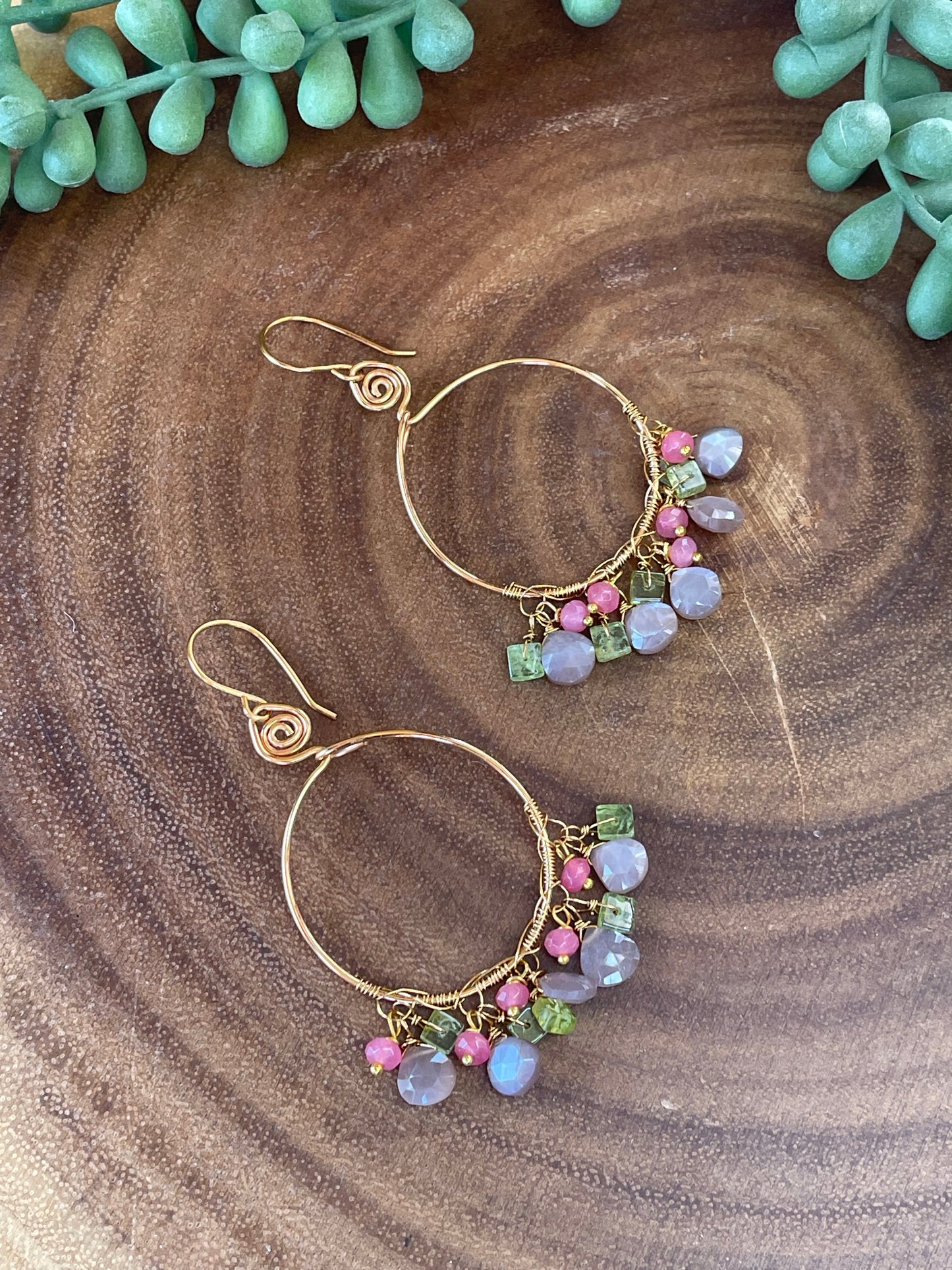 Copper Moonstone Hoop Earrings - Gemstone Hoop Earrings