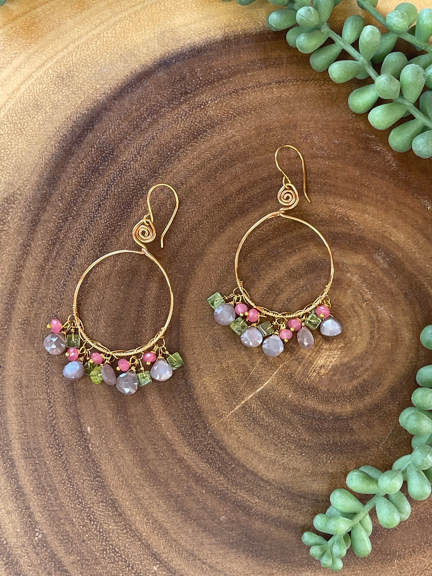 Copper Moonstone Hoop Earrings - Gemstone Hoop Earrings