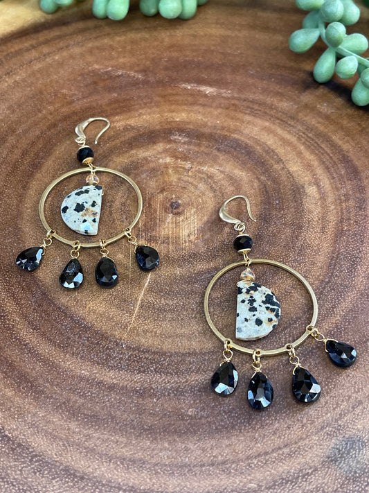 Black Onyx Hoop Earrings - Moon Earrings