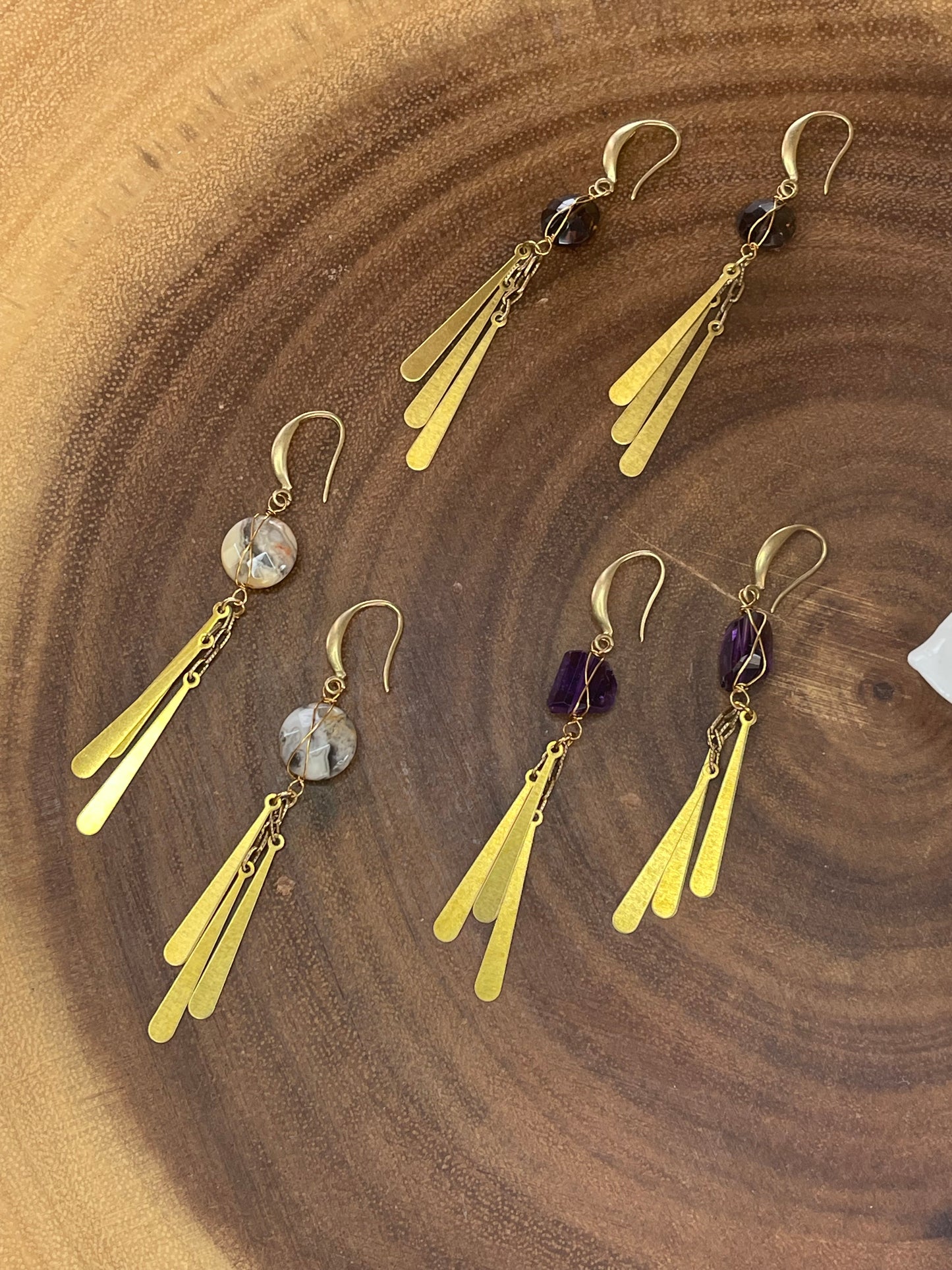 Brass and Gemstone Dangle Earrings