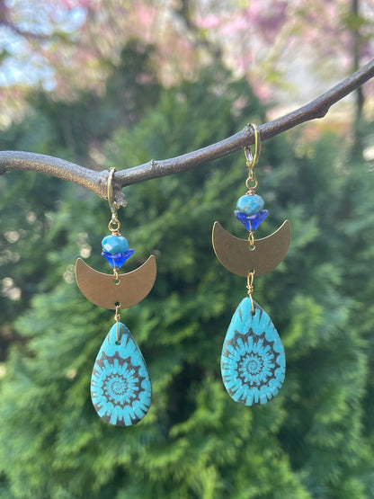 Apatite / Blue Czech Moon Earrings