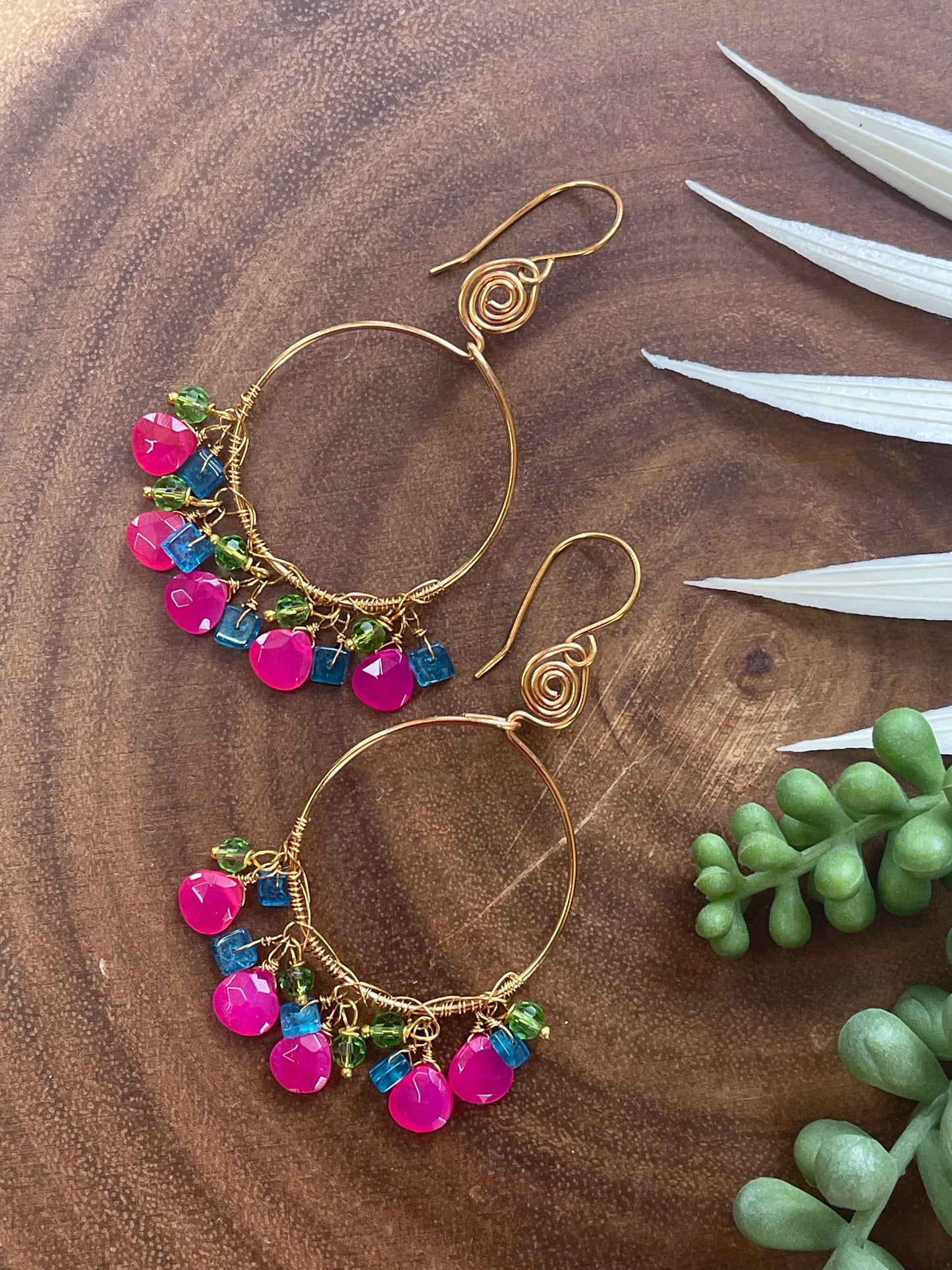 Pink Chalcedony Hoop Earrings - Gemstone Hoop Earrings