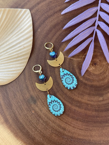 Apatite / Blue Czech Moon Earrings