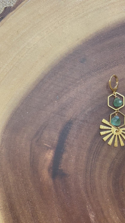 Green Quartz Earrings - Brass Earrings - Green Earrings