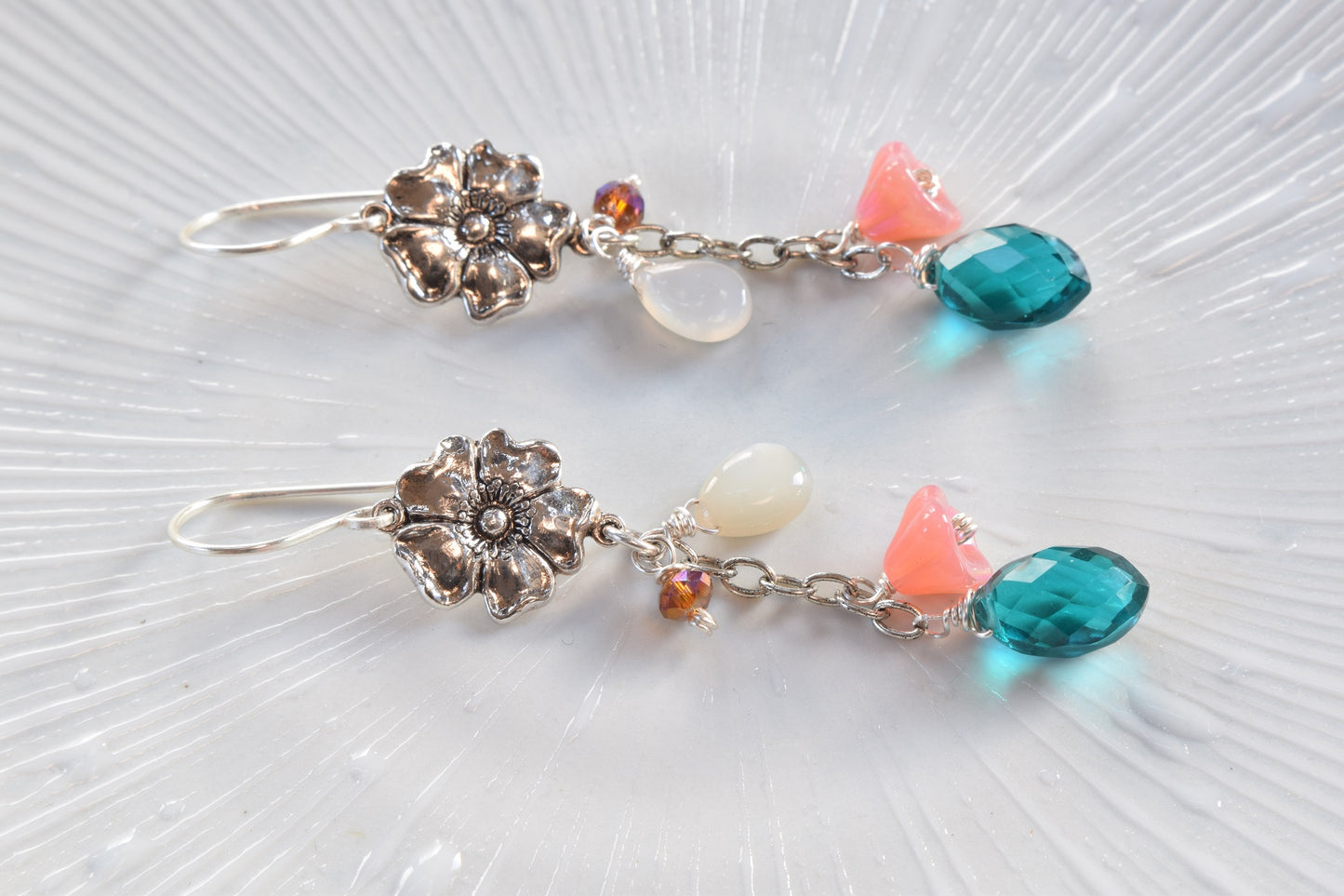 Teal Quartz / Moonstone Flower Earrings