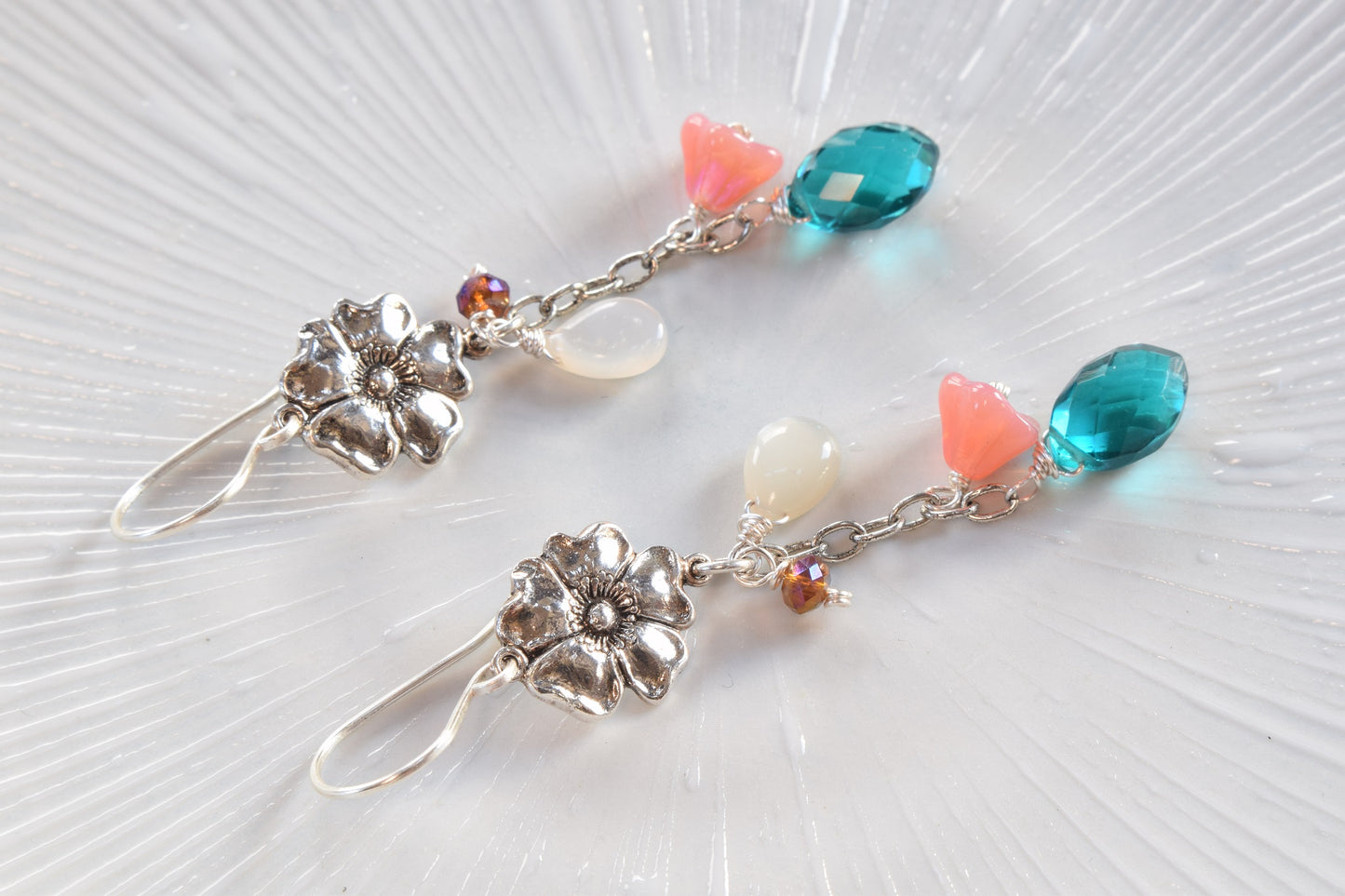 Teal Quartz / Moonstone Flower Earrings