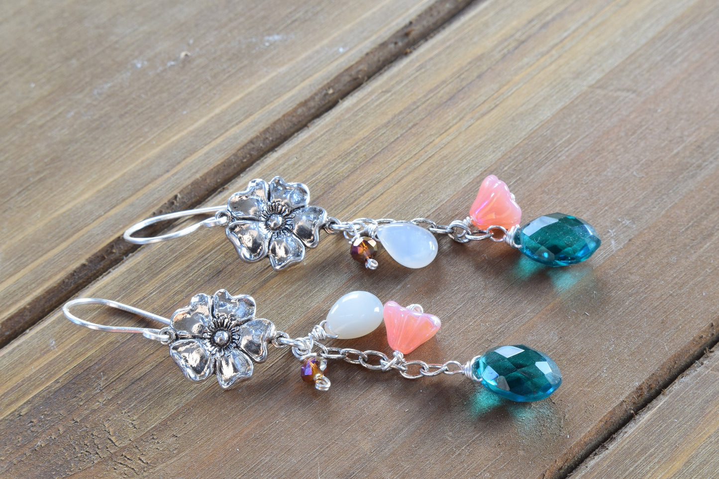 Teal Quartz / Moonstone Flower Earrings