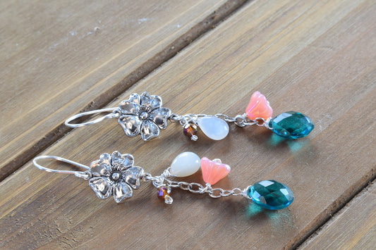 Teal Quartz / Moonstone Flower Earrings