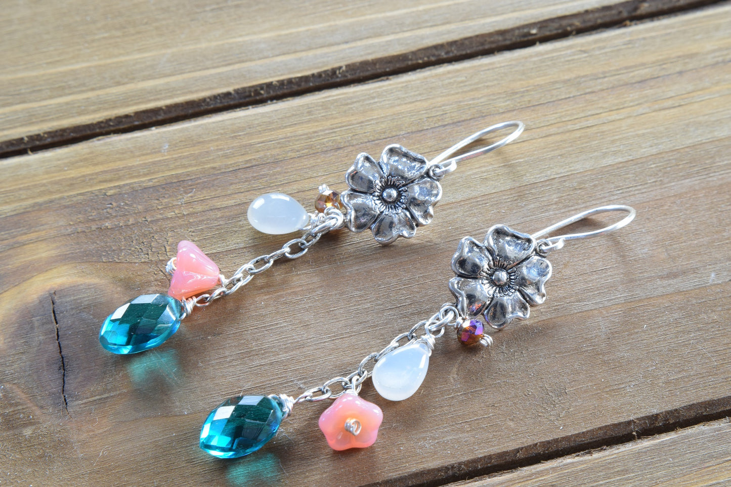 Teal Quartz / Moonstone Flower Earrings