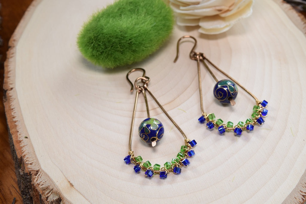 Blue/Green Enamel Beaded Hoop Earrings