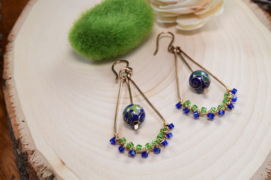 Blue/Green Enamel Beaded Hoop Earrings