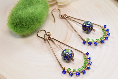 Blue/Green Enamel Beaded Hoop Earrings