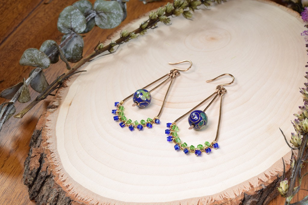 Blue/Green Enamel Beaded Hoop Earrings