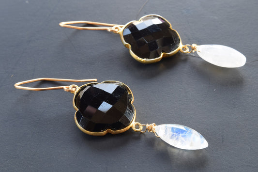 Black Onyx and Rainbow Moonstone Earrings