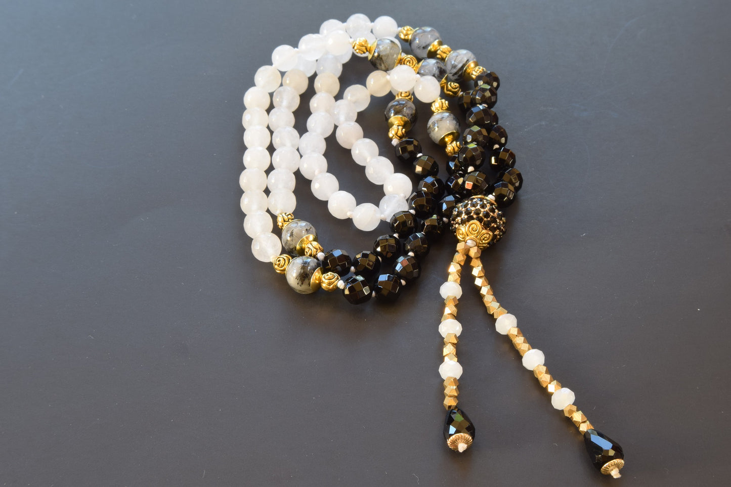 Rutilated Quartz and Onyx Tassel Necklace