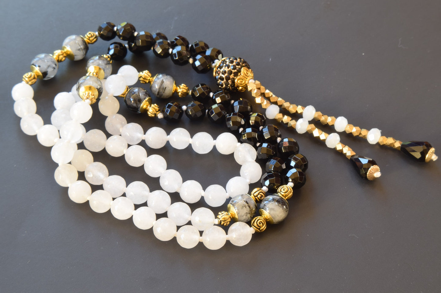 Rutilated Quartz and Onyx Tassel Necklace