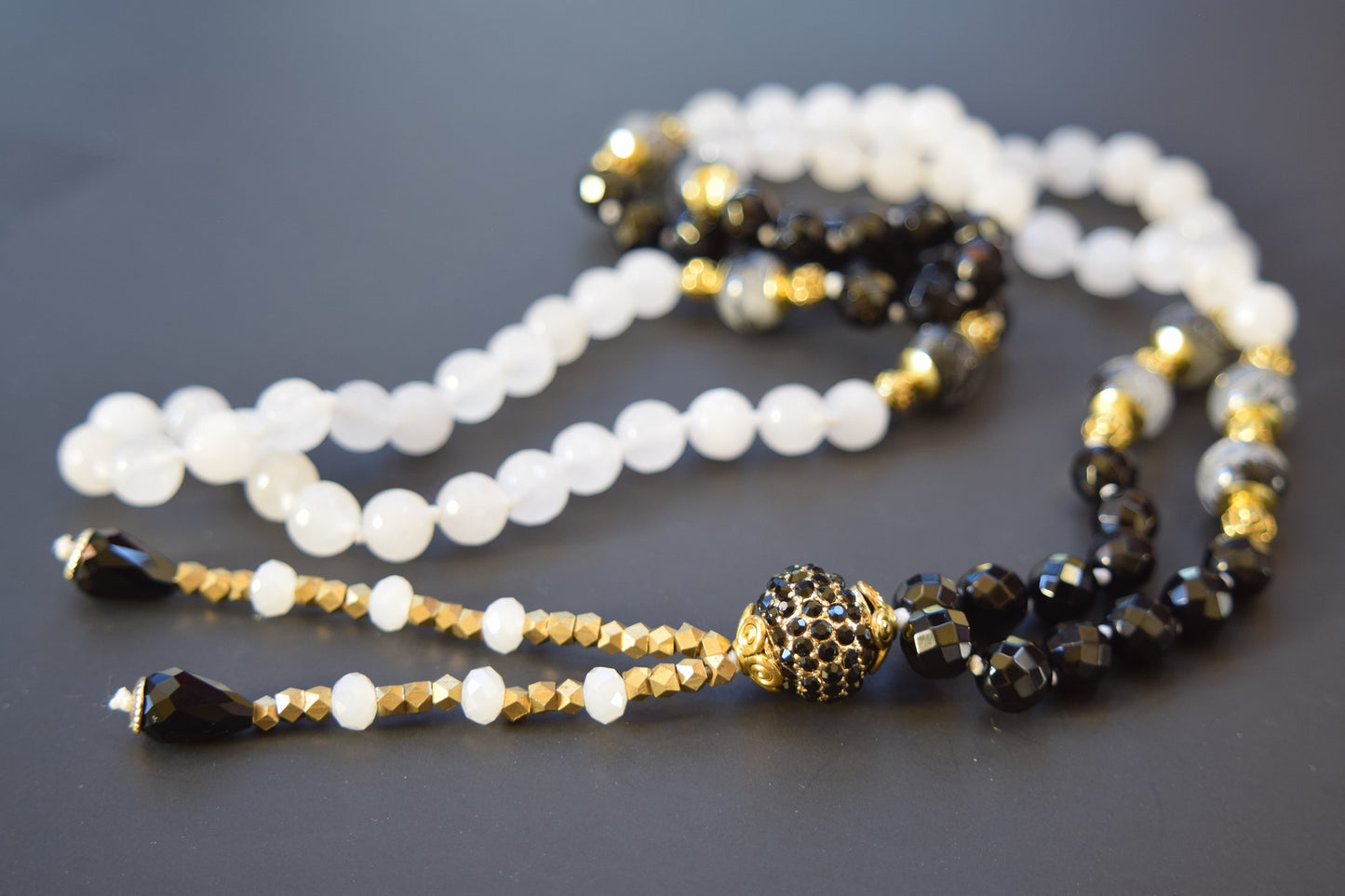 Rutilated Quartz and Onyx Tassel Necklace