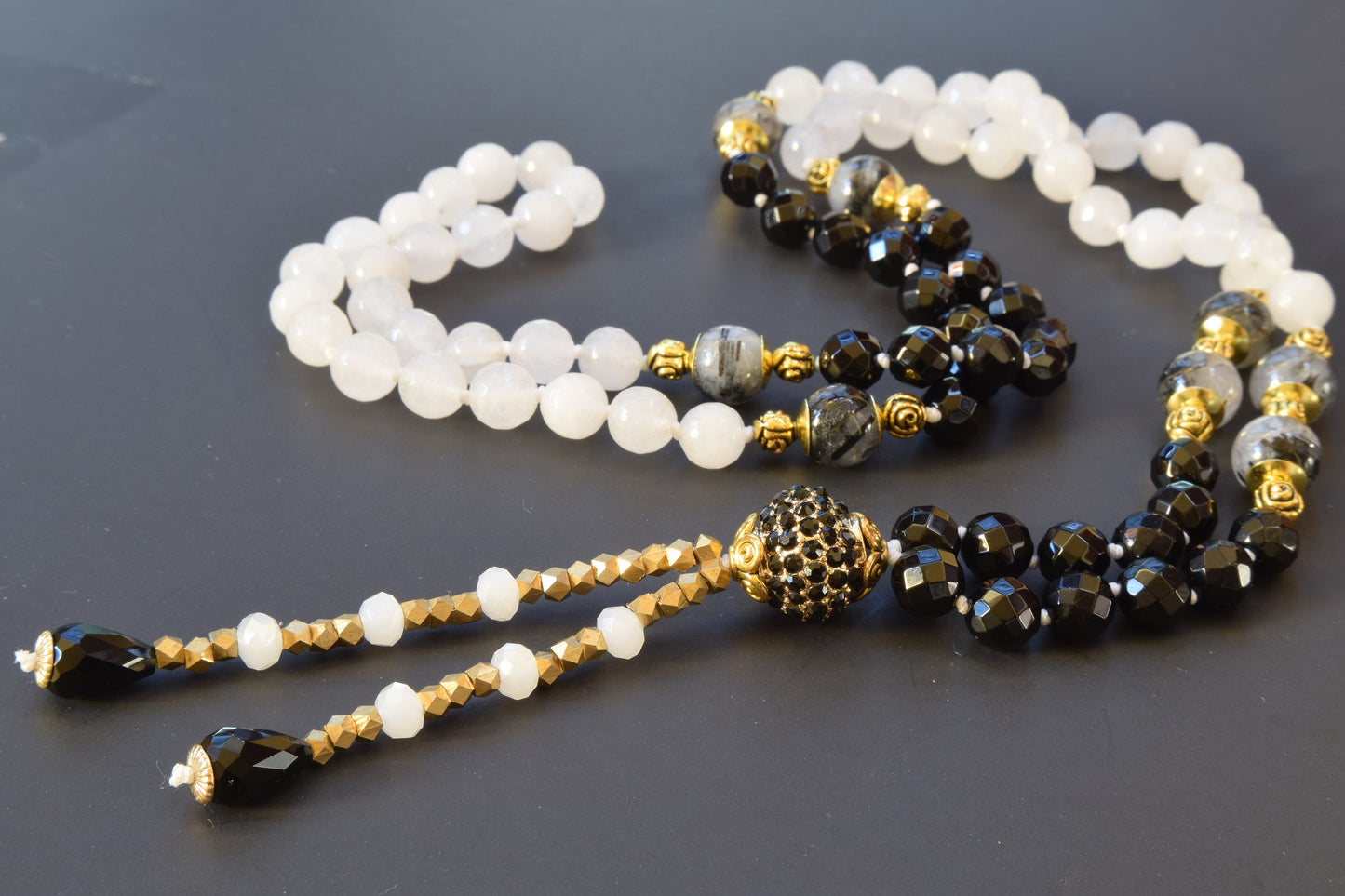 Rutilated Quartz and Onyx Tassel Necklace