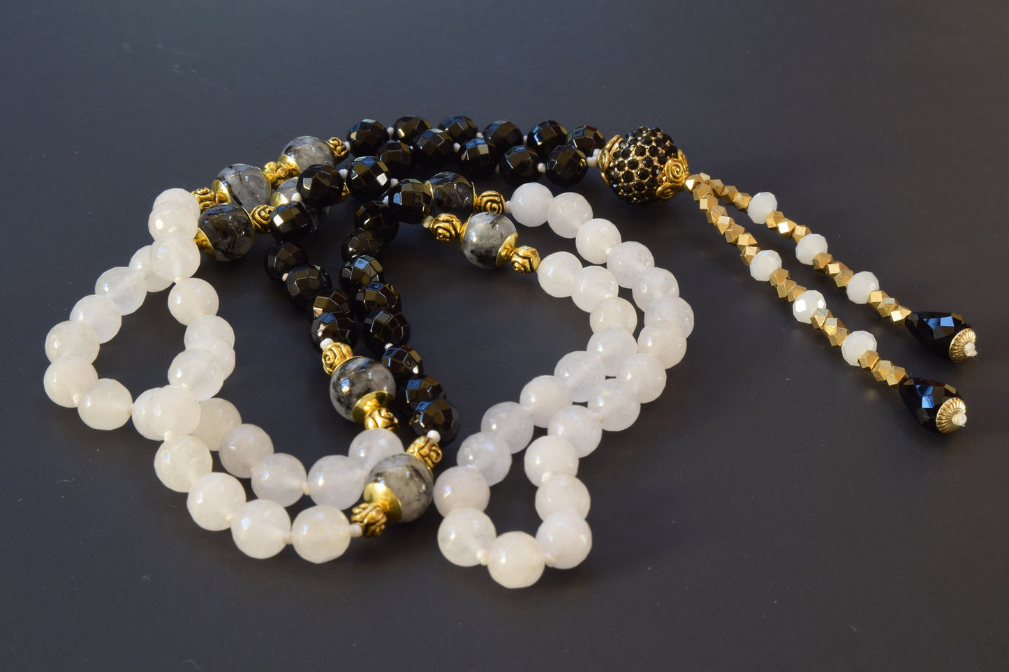 Rutilated Quartz and Onyx Tassel Necklace