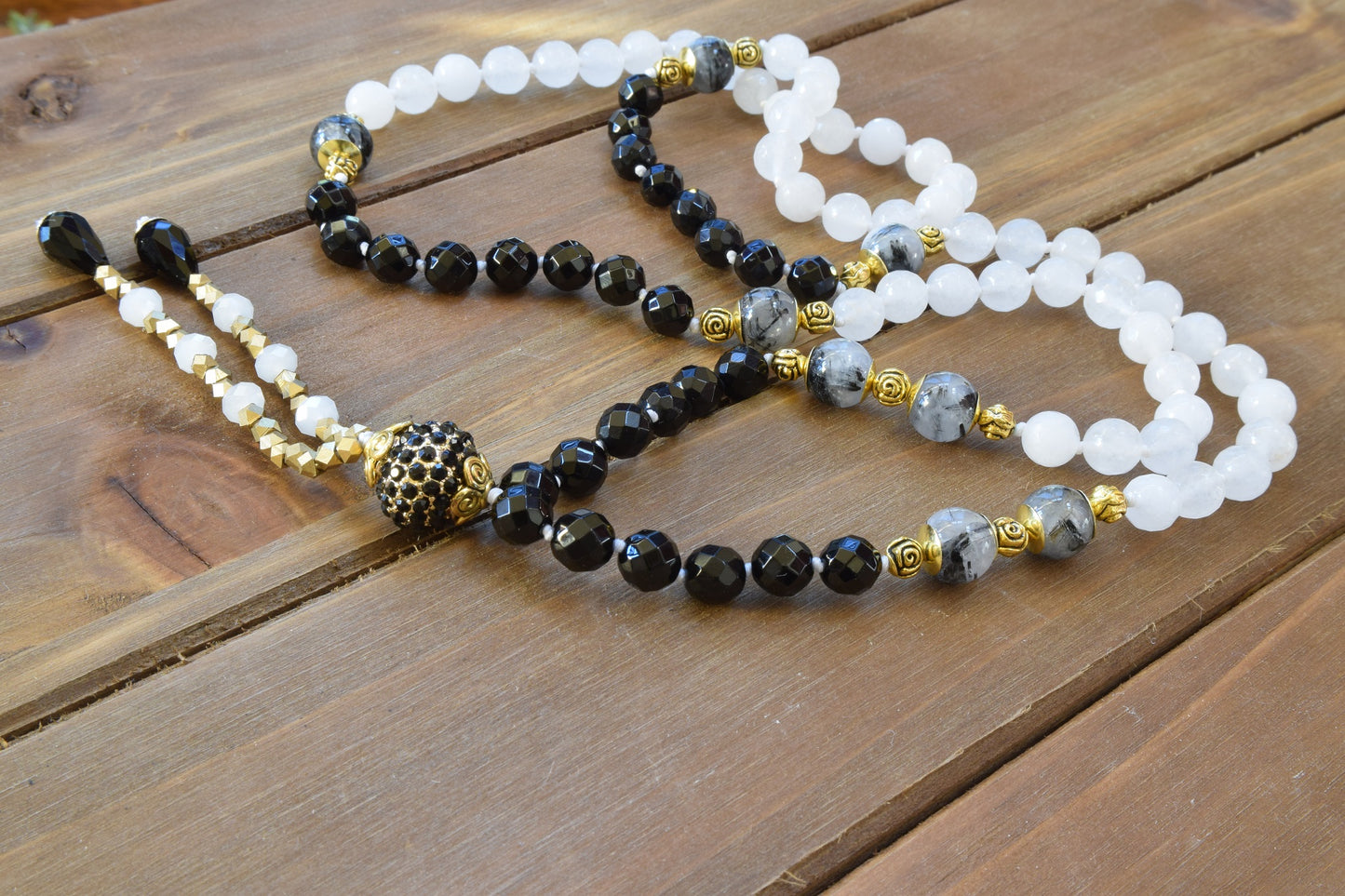 Rutilated Quartz and Onyx Tassel Necklace