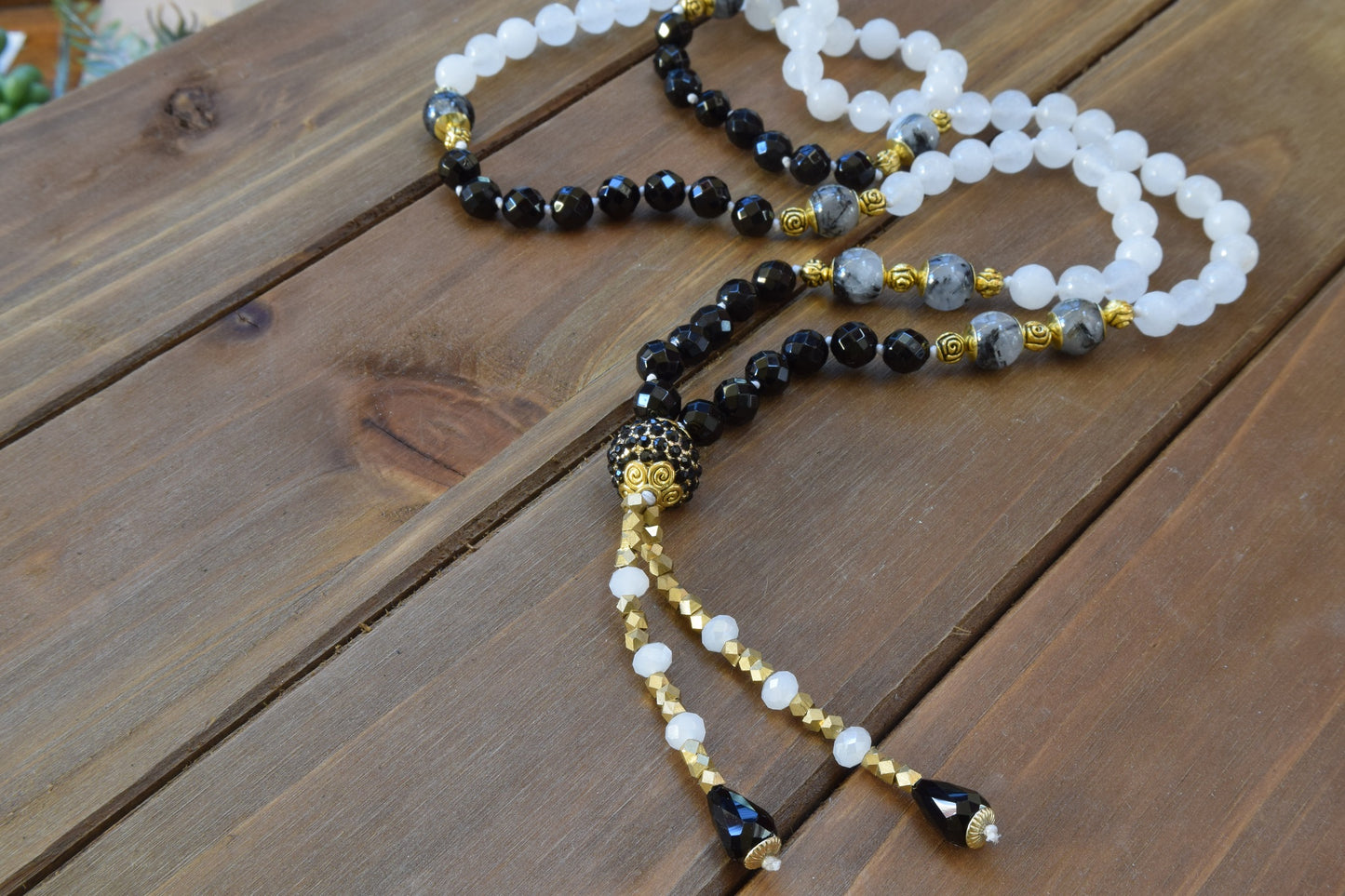 Rutilated Quartz and Onyx Tassel Necklace