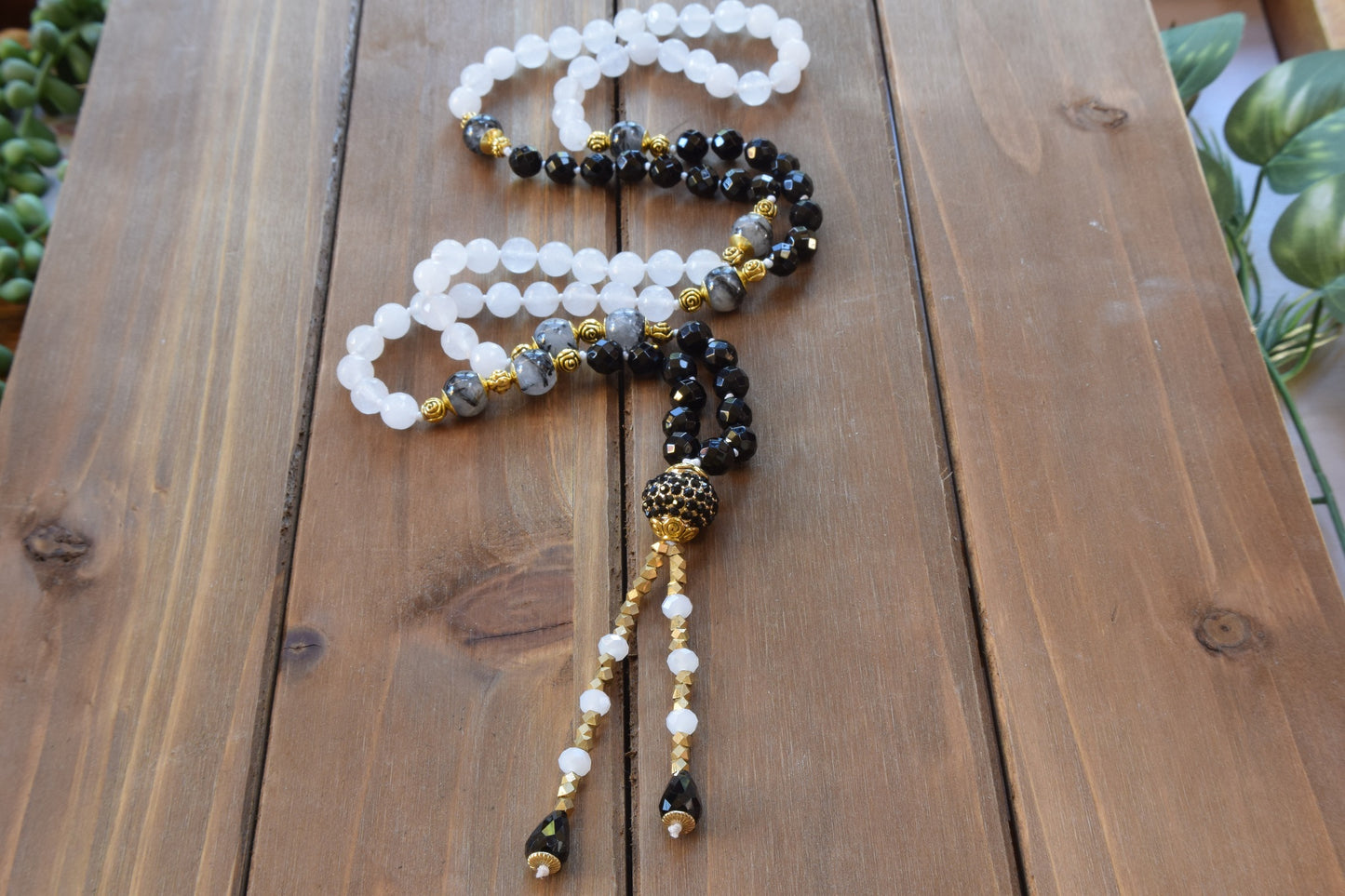 Rutilated Quartz and Onyx Tassel Necklace