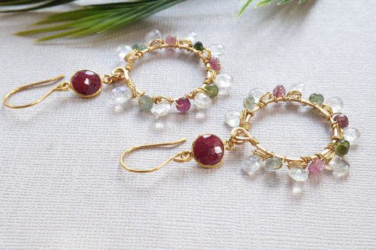 Tourmaline and Rainbow Moonstone Hoop Earrings