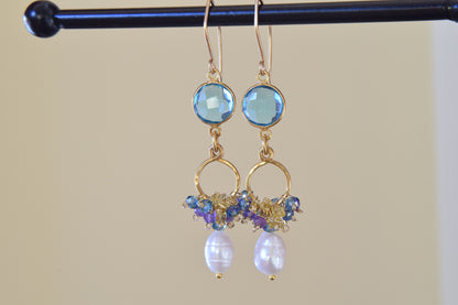 Blue Topaz Quartz and Pearl Earrings