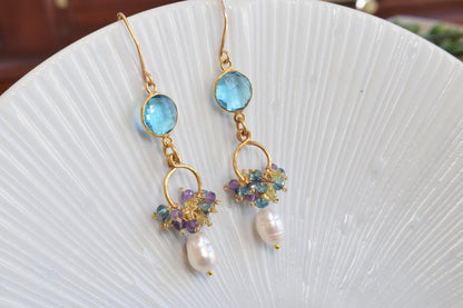 Blue Topaz Quartz and Pearl Earrings