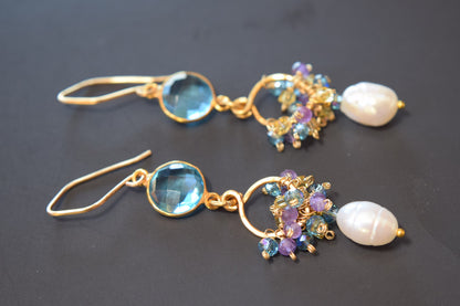 Blue Topaz Quartz and Pearl Earrings