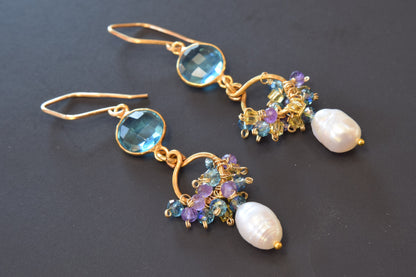 Blue Topaz Quartz and Pearl Earrings