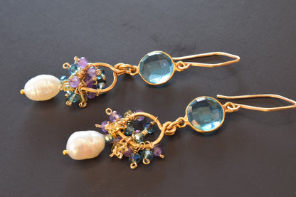 Blue Topaz Quartz and Pearl Earrings