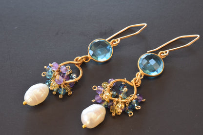 Blue Topaz Quartz and Pearl Earrings