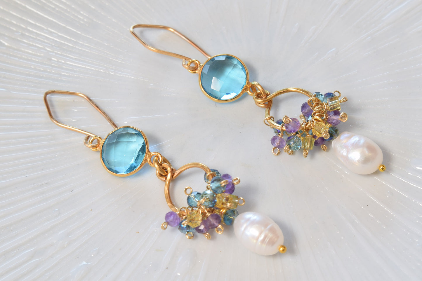 Blue Topaz Quartz and Pearl Earrings