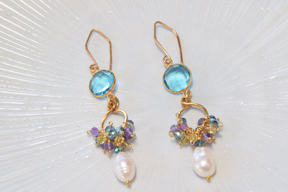 Blue Topaz Quartz and Pearl Earrings