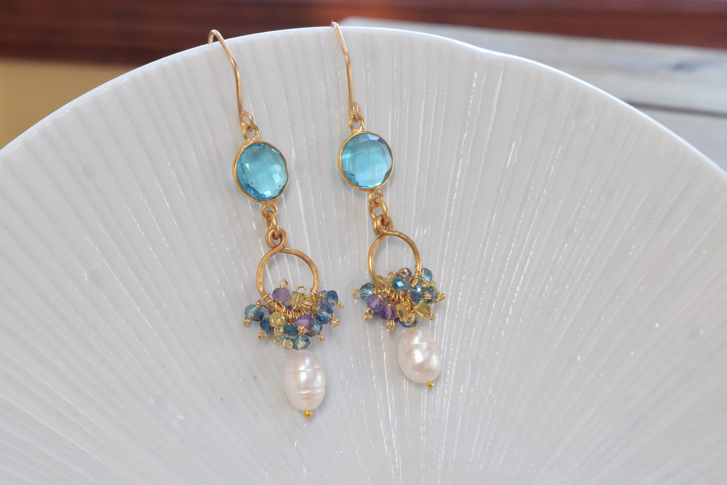 Blue Topaz Quartz and Pearl Earrings