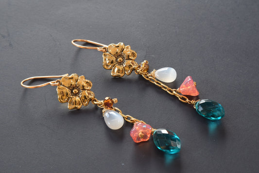 Teal Quartz / Moonstone Flower Earrings (Gold)