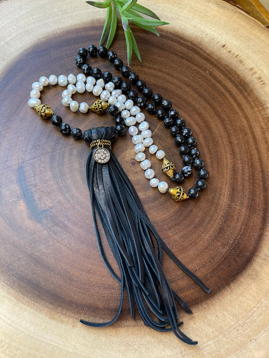 Obsidian / Pearl Tassel Necklace