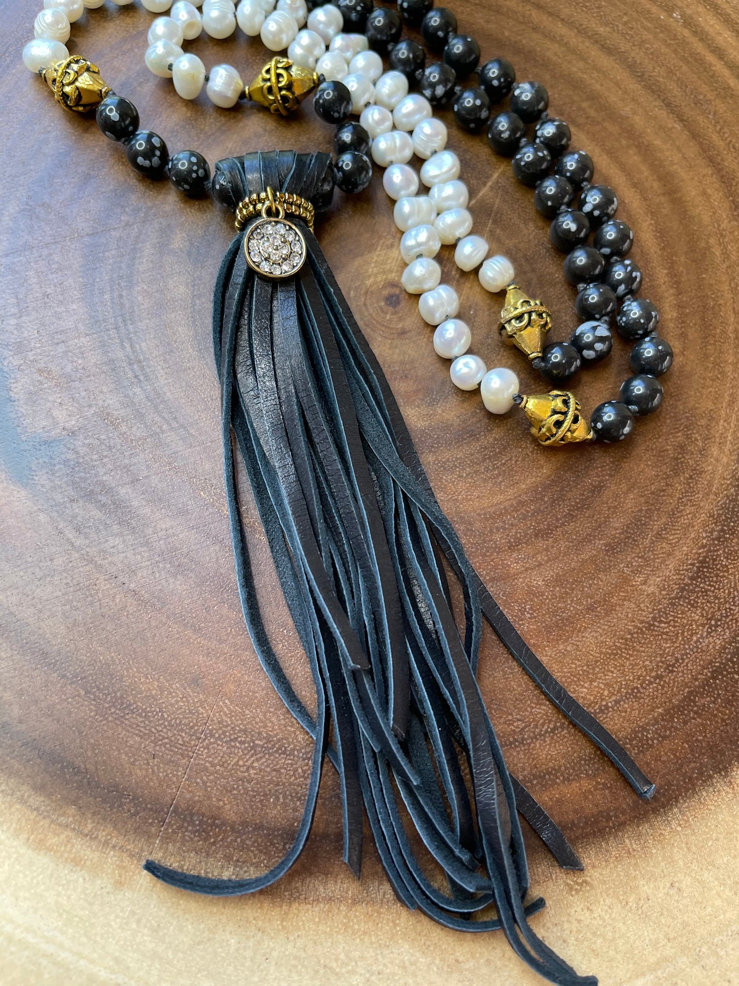 Obsidian / Pearl Tassel Necklace