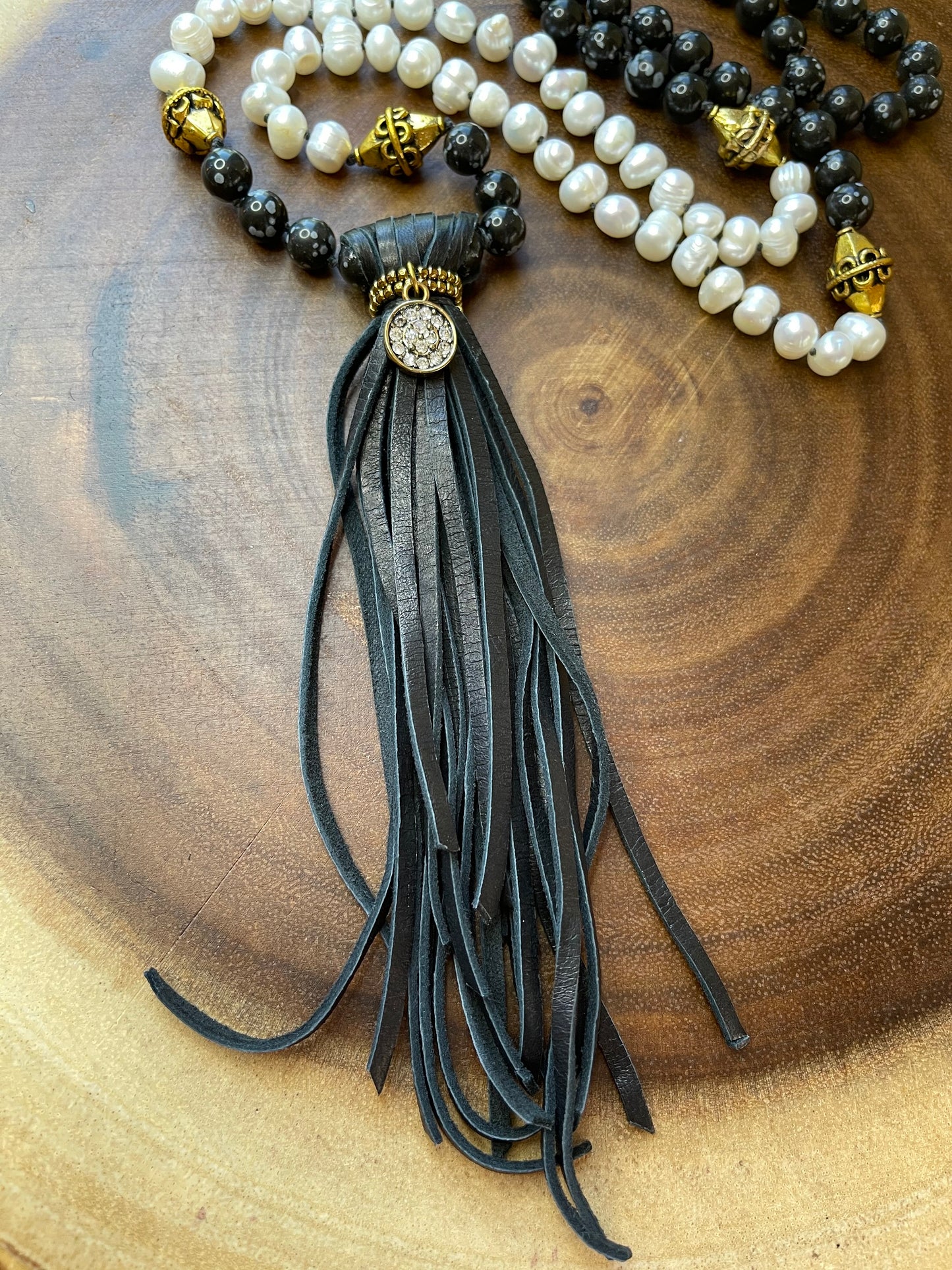 Obsidian / Pearl Tassel Necklace